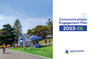 A picture of the front cover of the Communications and Engagement Plan with an image of the Cowes foreshore in summer.