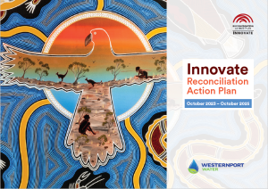 Innovate Reconciliation Action Plan cover featuring Aboriginal Art set on a blue background.